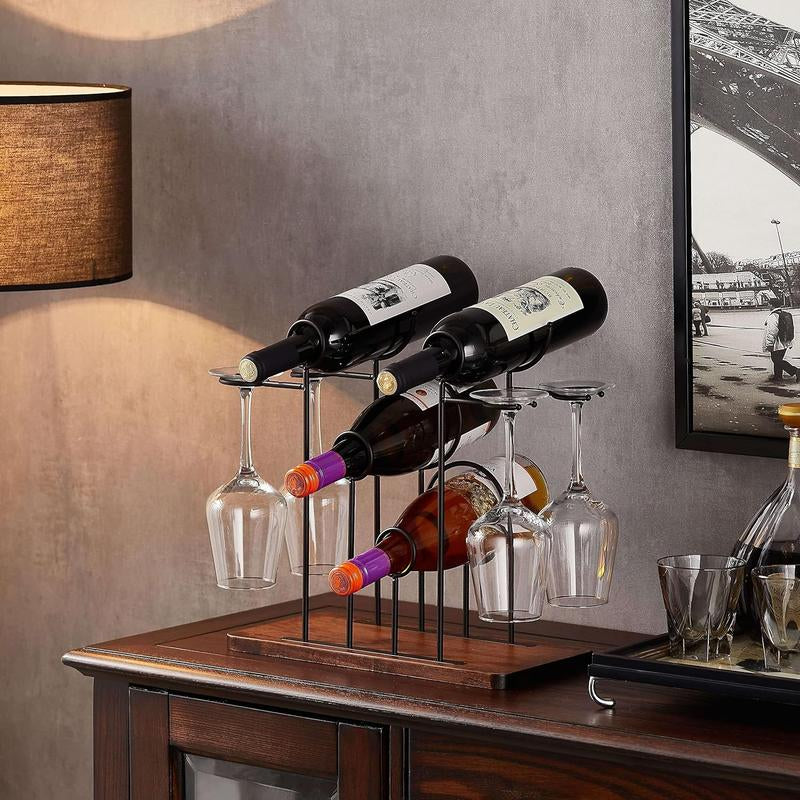 Wine Rack with Glass Holder, Wine Bottle Holder, Metal Wine Holder for 4 Bottles and 4 Wine Glasses Storage, Wine Bottle Rack Display Shelves for Home, Kitchen, Cabinet, Cellar, Bar