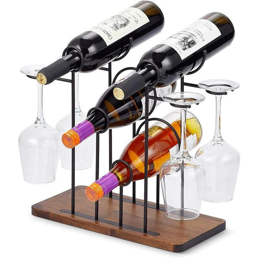 Wine Rack with Glass Holder, Wine Bottle Holder, Metal Wine Holder for 4 Bottles and 4 Wine Glasses Storage, Wine Bottle Rack Display Shelves for Home, Kitchen, Cabinet, Cellar, Bar