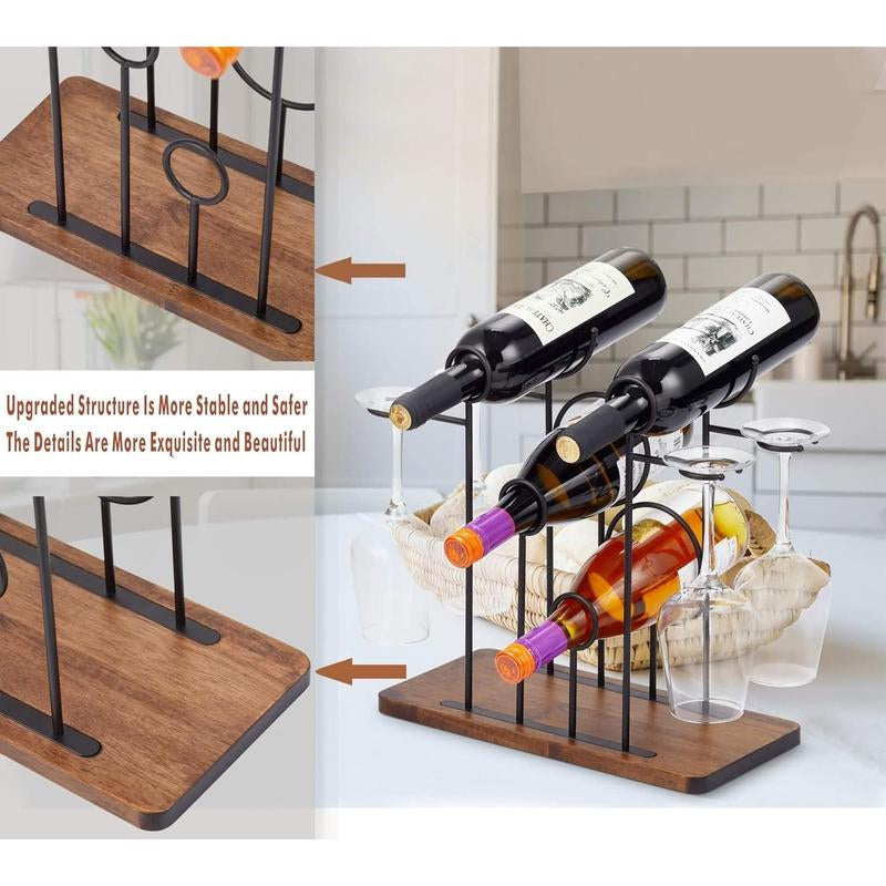 Wine Rack with Glass Holder, Wine Bottle Holder, Metal Wine Holder for 4 Bottles and 4 Wine Glasses Storage, Wine Bottle Rack Display Shelves for Home, Kitchen, Cabinet, Cellar, Bar