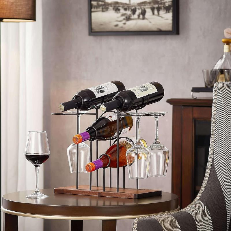 Wine Rack with Glass Holder, Wine Bottle Holder, Metal Wine Holder for 4 Bottles and 4 Wine Glasses Storage, Wine Bottle Rack Display Shelves for Home, Kitchen, Cabinet, Cellar, Bar